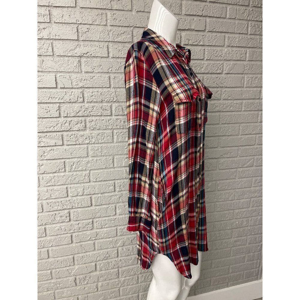 Indigo Thread Co. Women Red Plaid Button Down Long Shirt  Tunic Size M - Picture 8 of 10